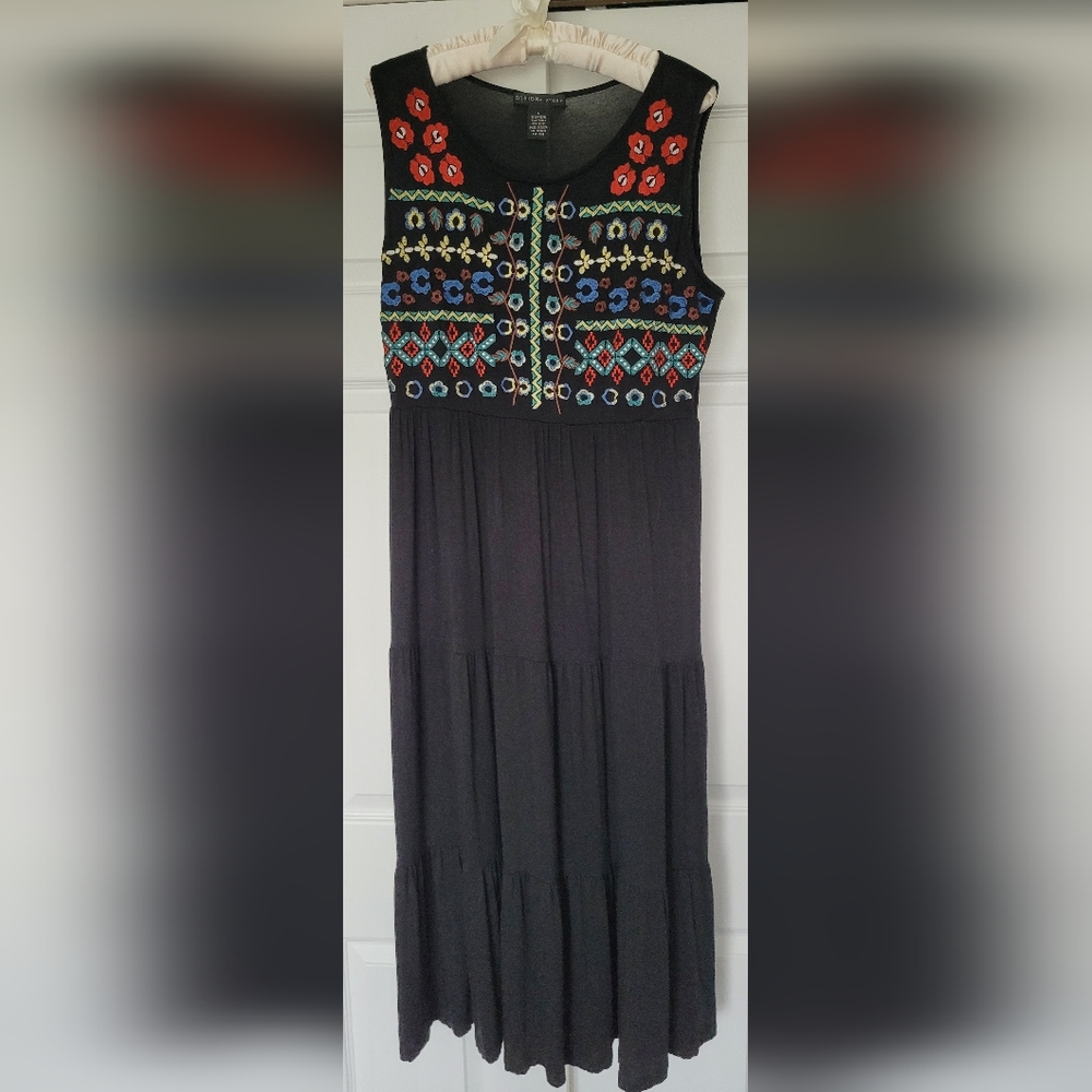 Design History Women's Stretch Rayon Midi Dress Pull On Embroidery Tiered Large - Picture 3 of 11